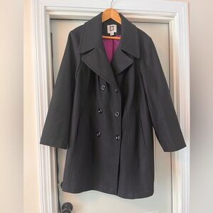 Anne Klein Black Double-Breasted Coat, Size 2X. Gorgeous Fuchsia Satin Lining!